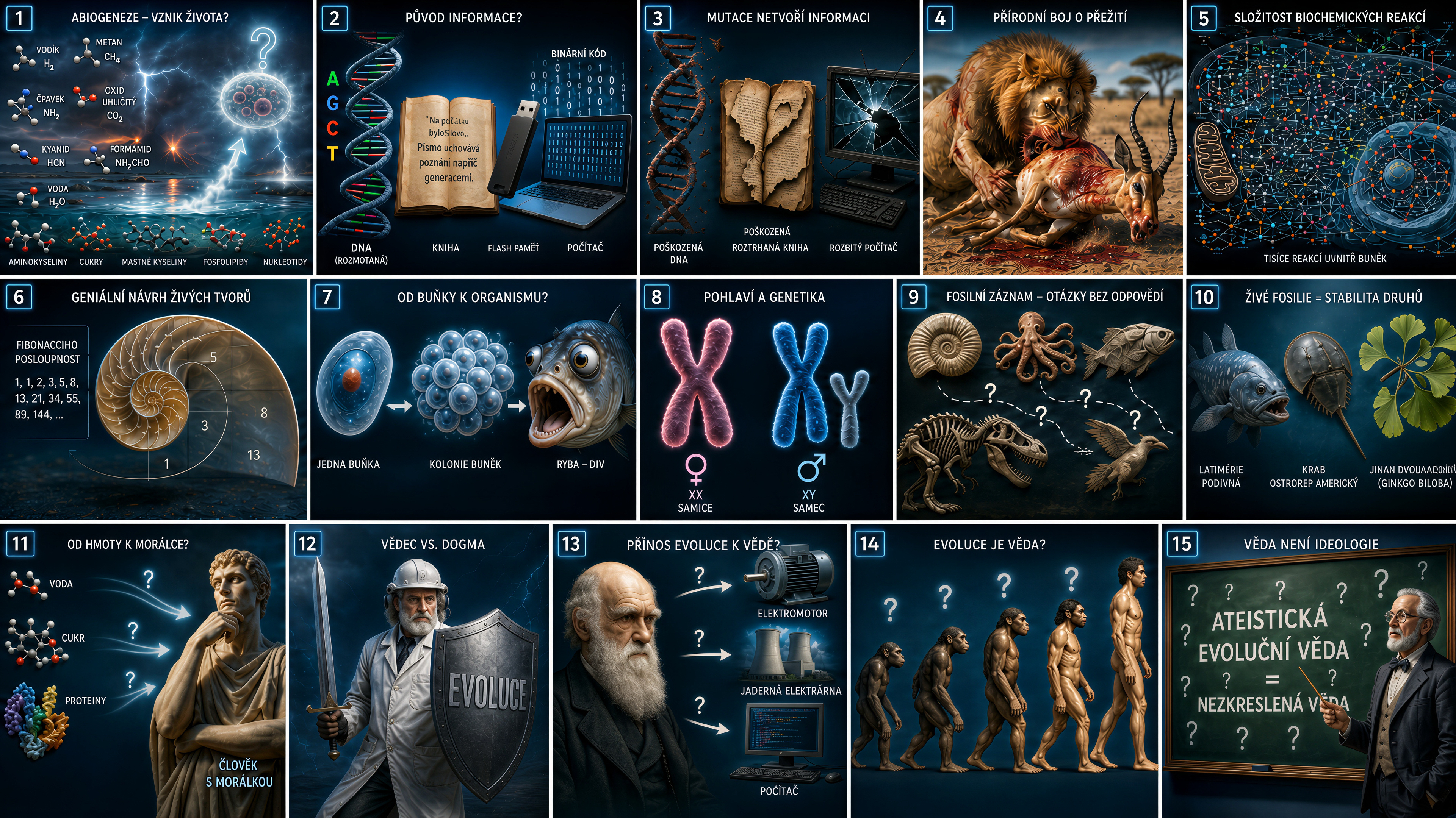 15 otazek pro evolucionisty - graficka kolaz tisk kvalita